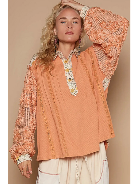Trendsi long sleeve shirt with lace sleeves and floral collar, perfect boho beachwear tops for women