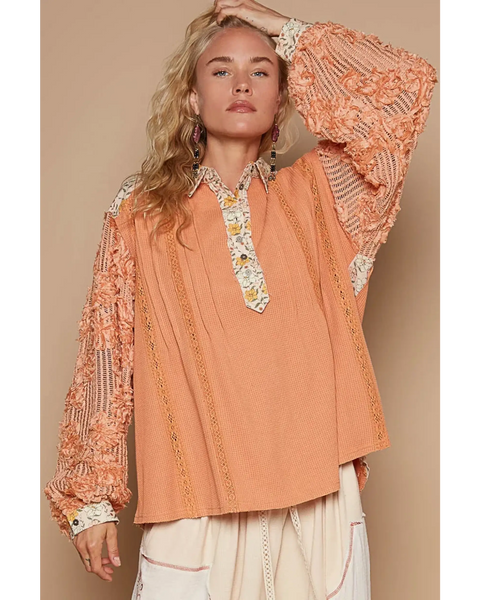 Trendsi long sleeve shirt with lace sleeves and floral collar, perfect boho beachwear tops for women
