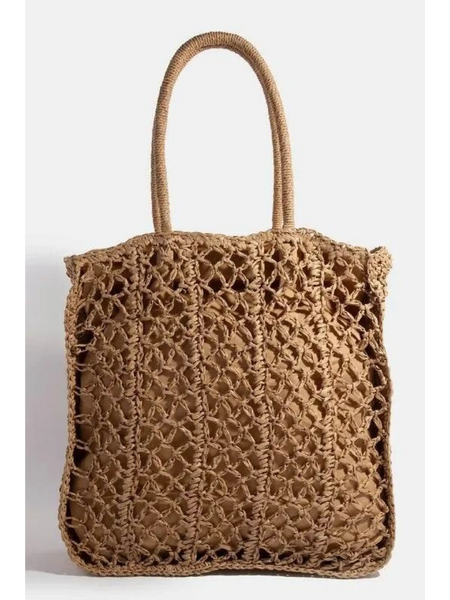 Babe Beachwear boho braided tote bag in natural brown with open weave design and long handles
