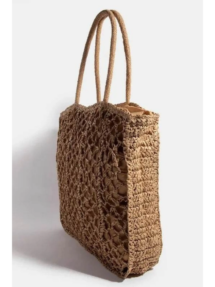 Babe Beachwaer boho braided tote bag in natural brown with long handles and open weave design