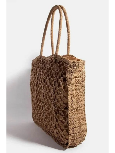 Babe Beachwaer boho braided tote bag in natural brown with long handles and open weave design