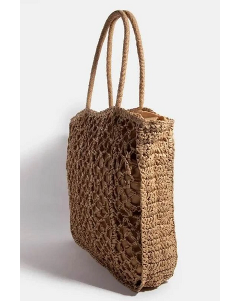 Babe Beachwaer boho braided tote bag in natural brown with long handles and open weave design