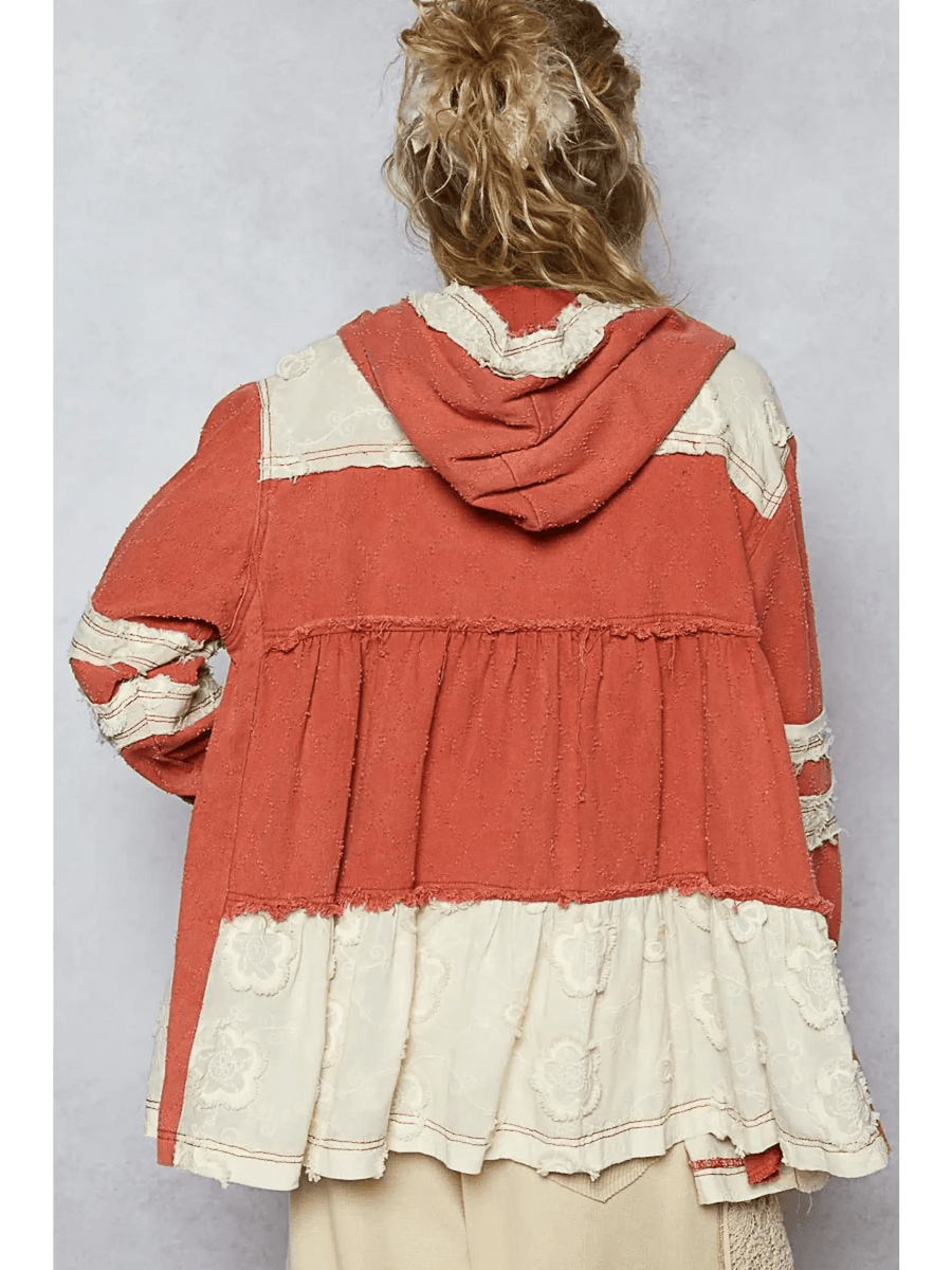 Trendsi long sleeve boho chic beachwear jacket in rust and cream with hood and textured fabric
