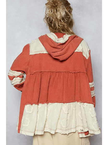 Trendsi long sleeve boho chic beachwear jacket in rust and cream with hood and textured fabric