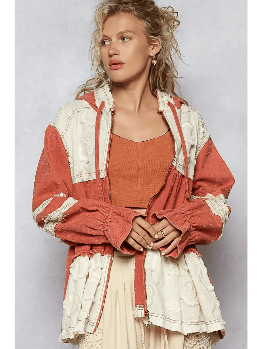 Trendsi boho chic beachwear jacket in rust and cream long sleeve with textured fabric and hood