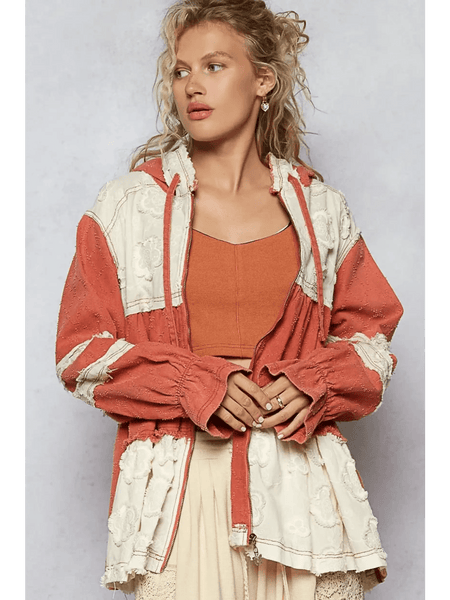 Trendsi boho chic beachwear jacket in rust and cream long sleeve with textured fabric and hood