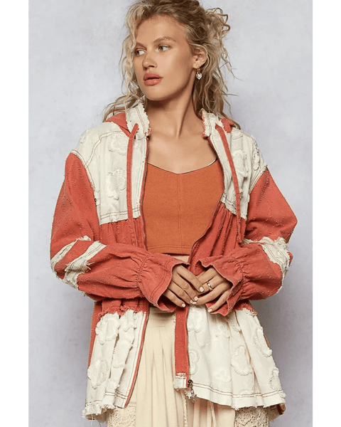 Trendsi boho chic beachwear jacket in rust and cream long sleeve with textured fabric and hood