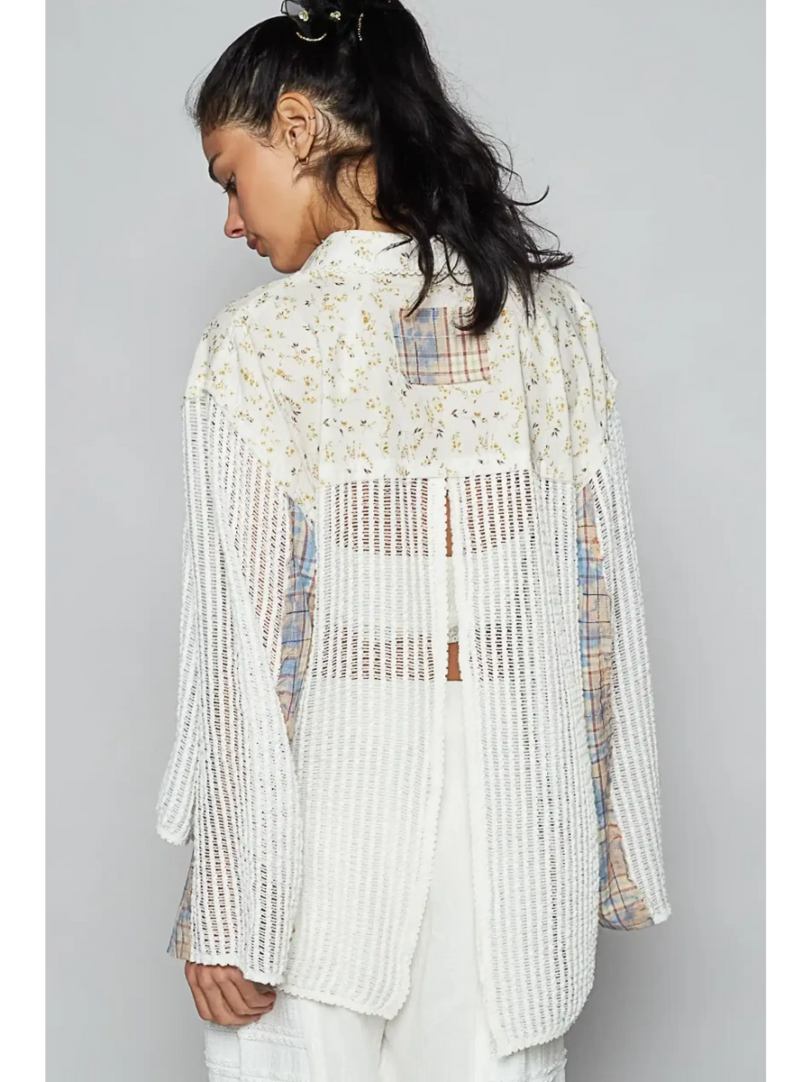 Trendsi boho chic beachwear top long sleeve shirt with floral and plaid patchwork design
