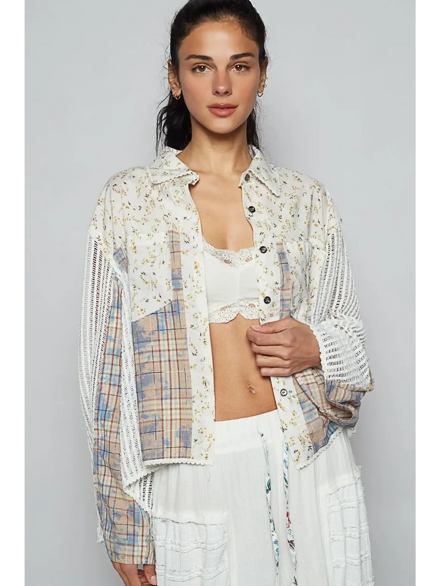 Trendsi long sleeve shirt styled as boho chic beachwear top with floral and plaid patchwork design