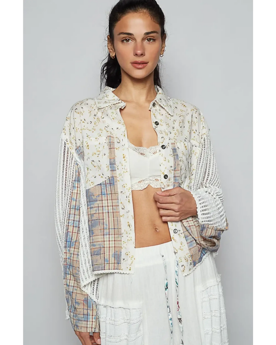 Trendsi long sleeve shirt styled as boho chic beachwear top with floral and plaid patchwork design