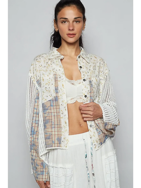 Trendsi long sleeve shirt styled as boho chic beachwear top with floral and plaid patchwork design