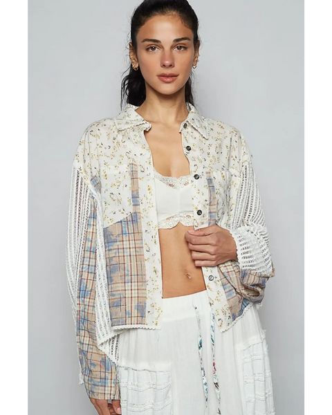 Trendsi long sleeve shirt styled as boho chic beachwear top with floral and plaid patchwork design