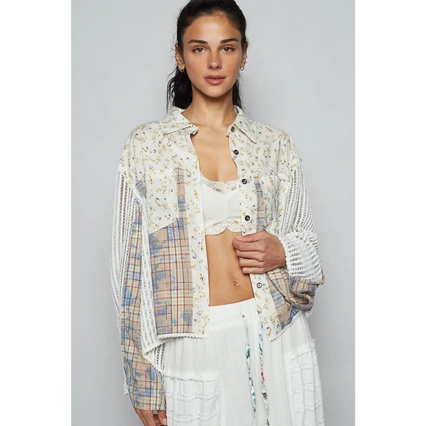Trendsi long sleeve shirt styled as boho chic beachwear top with floral and plaid patchwork design