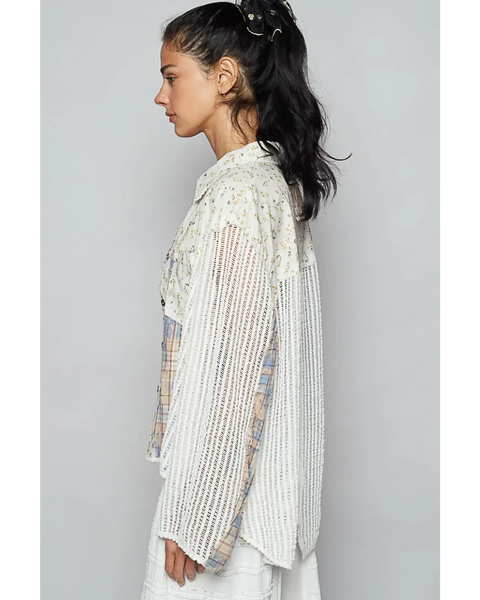 Trendsi long sleeve shirt featuring lightweight fabric and a relaxed fit boho chic beachwear top