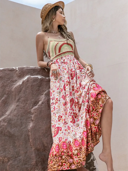 Trendsi crochet boho maxi dress with floral patterns and slit worn with a straw hat