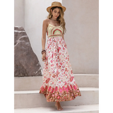 Trendsi crochet boho maxi dress with floral skirt and rainbow crochet top worn with straw hat