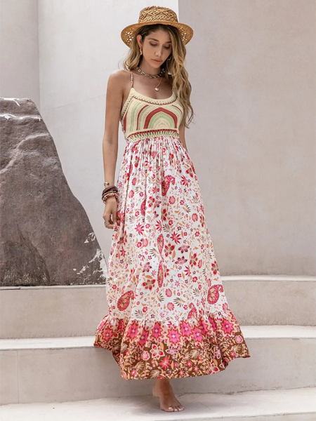 Trendsi crochet boho maxi dress with floral skirt and rainbow crochet top worn with straw hat