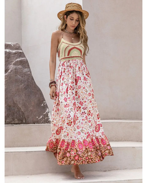 Trendsi crochet boho maxi dress with floral skirt and rainbow crochet top worn with straw hat