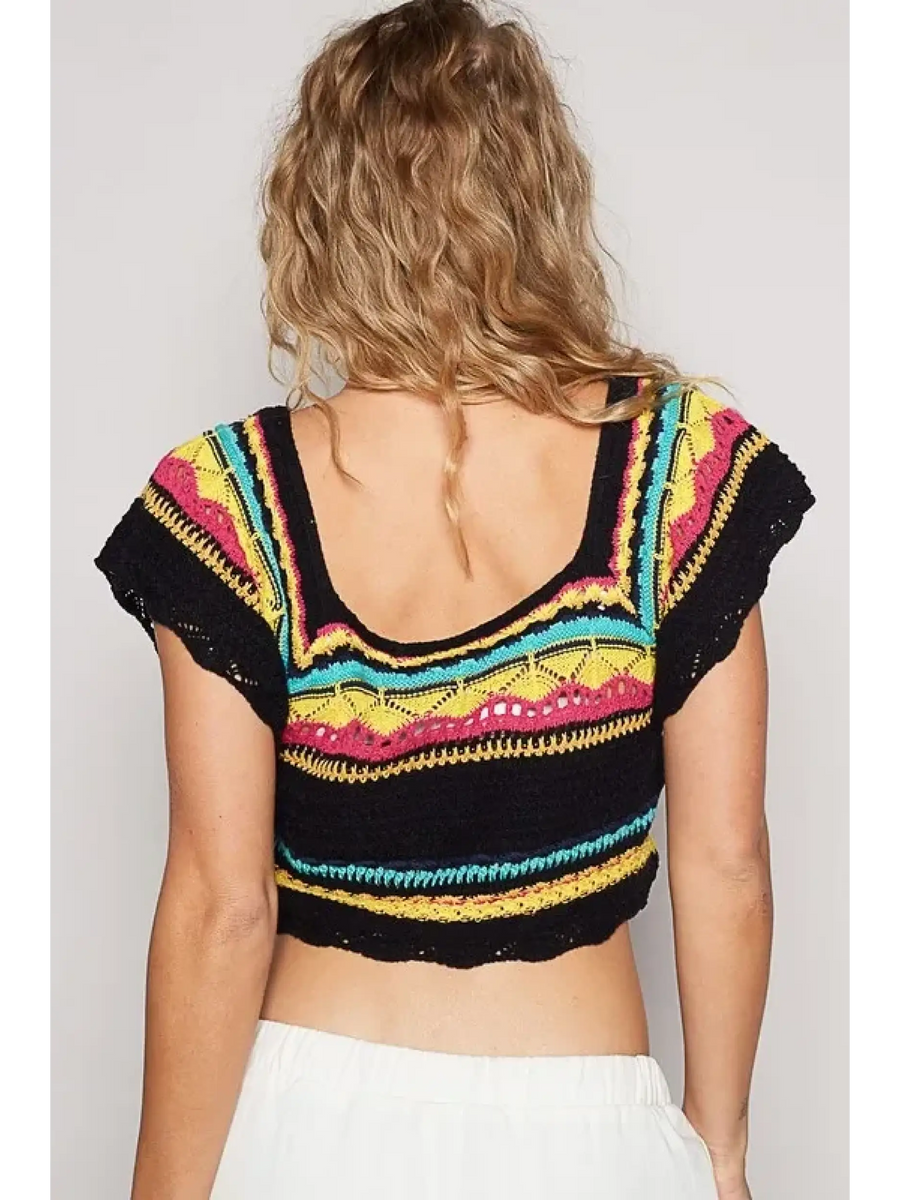 POL  boho knit beach top in black with colorful stripes worn as a crop top seen from the back