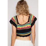 POL  boho knit beach top in black with colorful stripes worn as a crop top seen from the back