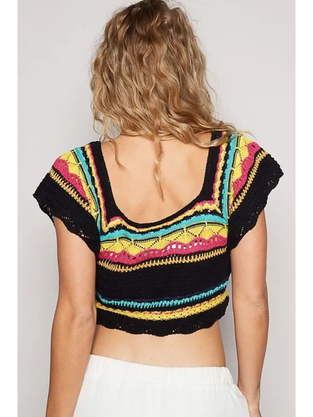 POL  boho knit beach top in black with colorful stripes worn as a crop top seen from the back