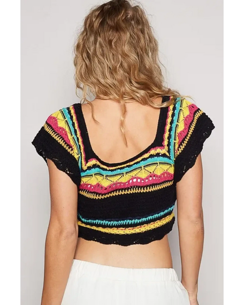 POL  boho knit beach top in black with colorful stripes worn as a crop top seen from the back