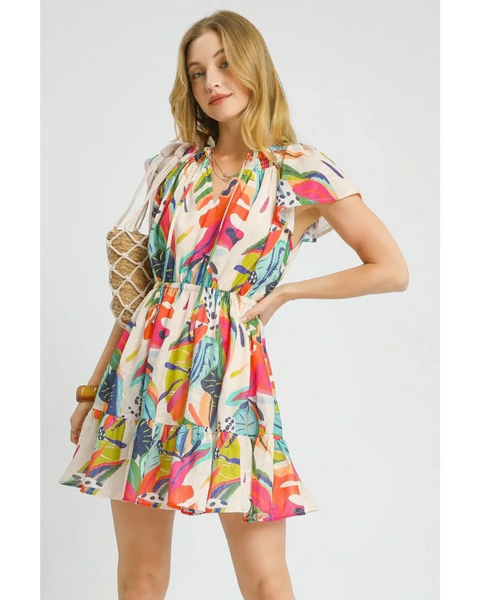 Trendsi orange boho mini dress with colorful abstract print and ruffled sleeves