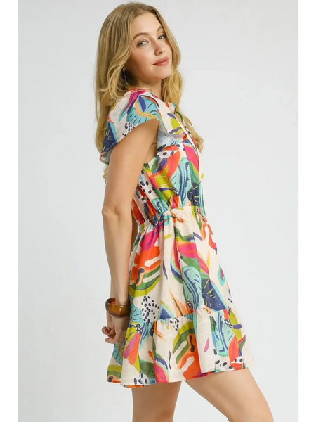 Colorful orange boho mini dress with abstract pattern and short sleeves by Trendsi