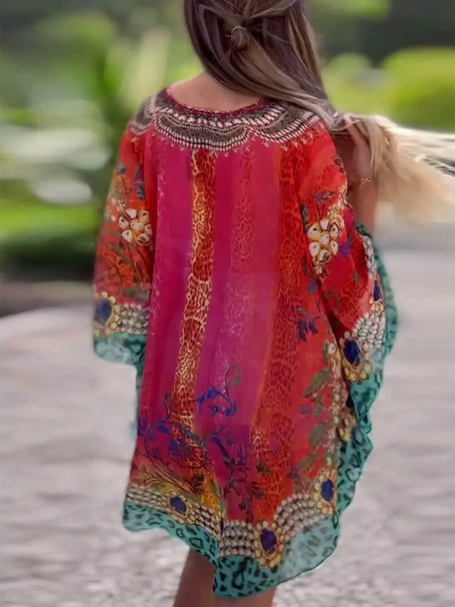 Babe Beachwear vibrant boho mini swimsuit coverup with colorful floral and animal print design