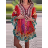 Babe Beachwaer boho mini swimsuit coverup with colorful floral and tribal patterns in red and turquoise