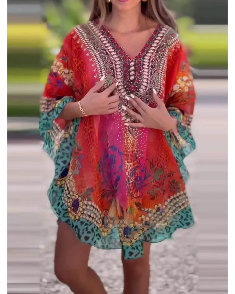 Babe Beachwaer boho mini swimsuit coverup with colorful floral and tribal patterns in red and turquoise
