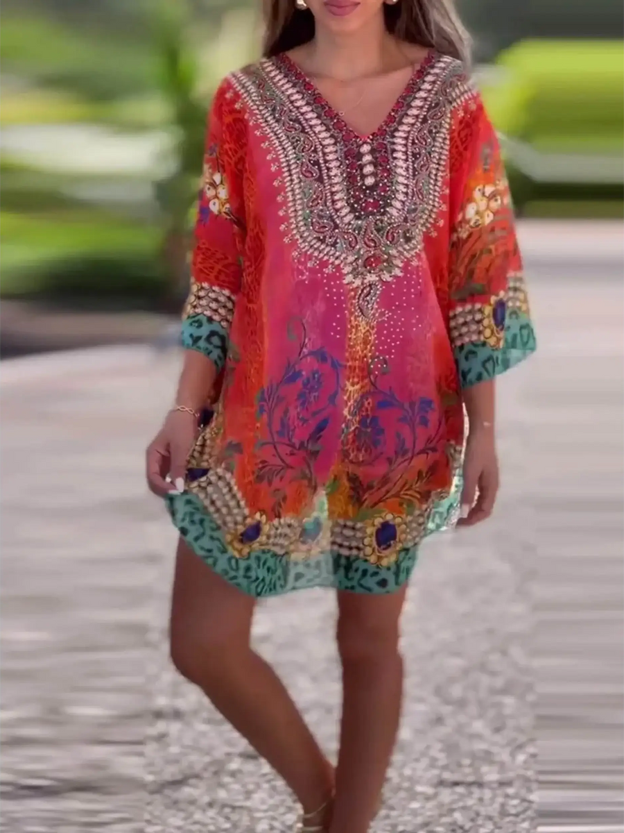 Babe Beachwaer boho mini swimsuit coverup with vibrant multicolor floral and patterned design
