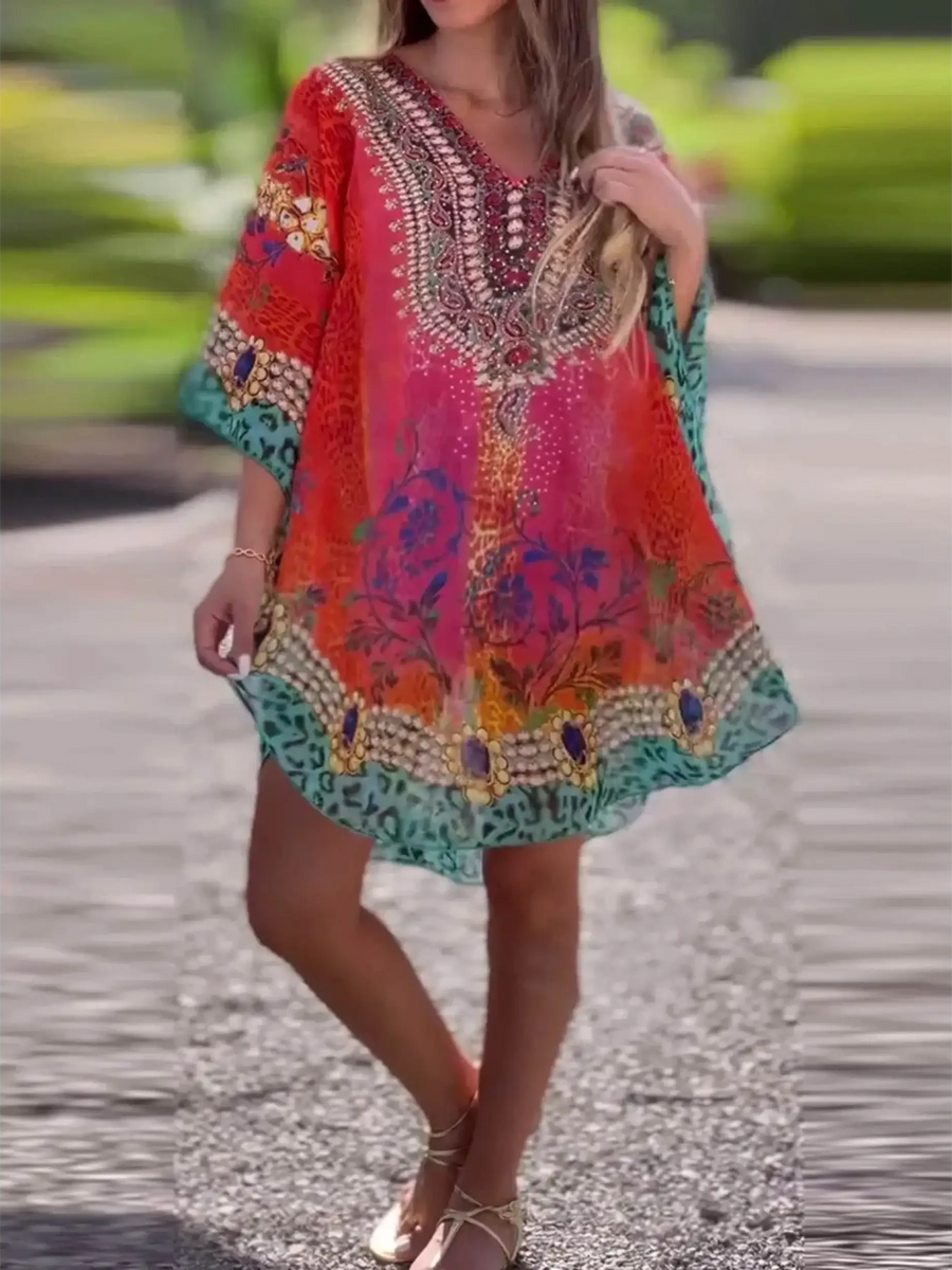 Babe Beachwear vibrant boho mini swimsuit coverup with colorful floral and geometric patterns