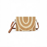 Boho Natural Summer Clutch by Babe Beachwaer featuring woven design with brown and beige stripes and detachable leather strap
