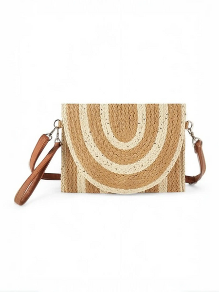 Boho Natural Summer Clutch by Babe Beachwaer featuring woven design with brown and beige stripes and detachable leather strap