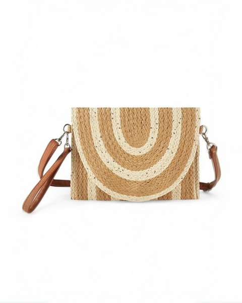 Boho Natural Summer Clutch by Babe Beachwaer featuring woven design with brown and beige stripes and detachable leather strap