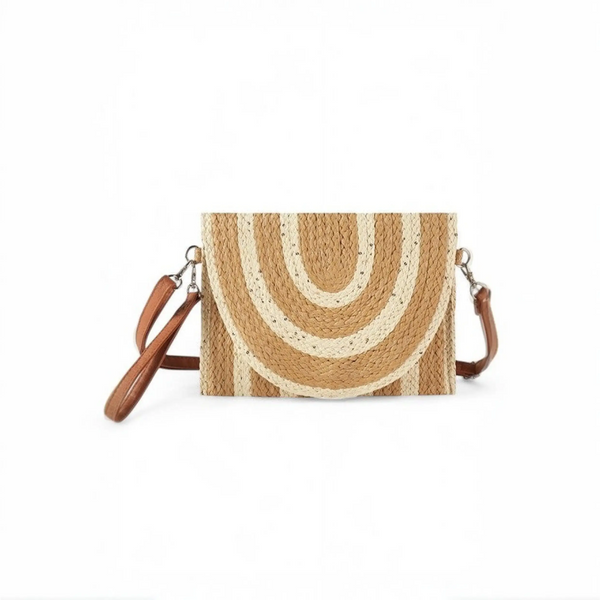 Boho Natural Summer Clutch by Babe Beachwaer featuring woven design with brown and beige stripes and detachable leather strap
