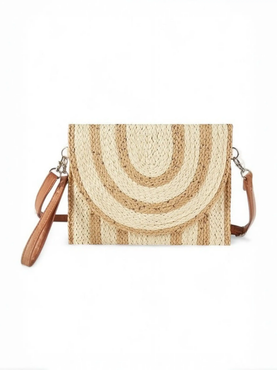 Boho Natural Summer Clutch bag by Babe Beachwaer with woven straw design and detachable leather strap