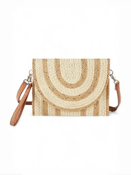 Boho Natural Summer Clutch bag by Babe Beachwaer with woven straw design and detachable leather strap