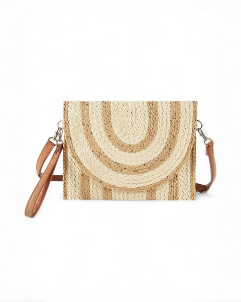 Boho Natural Summer Clutch bag by Babe Beachwaer with woven straw design and detachable leather strap