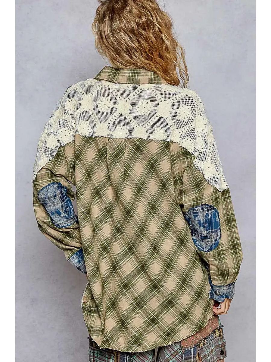 Trendsi boho oversized button down blouse with plaid pattern and lace yoke detail on back