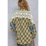 Trendsi boho oversized button down blouse with plaid pattern and lace yoke detail on back