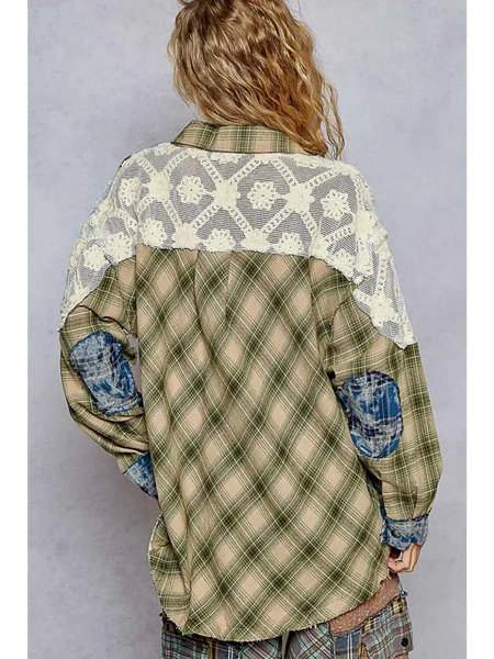 Trendsi boho oversized button down blouse with plaid pattern and lace yoke detail on back