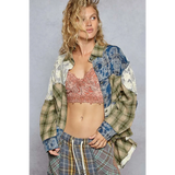 Trendsi boho oversized button down blouse with mixed plaid and lace patchwork styling