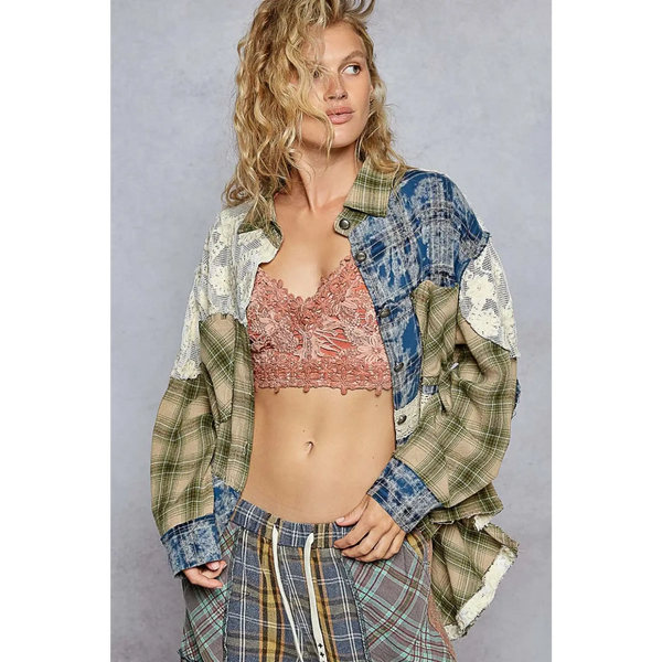 Trendsi boho oversized button down blouse with mixed plaid and lace patchwork styling