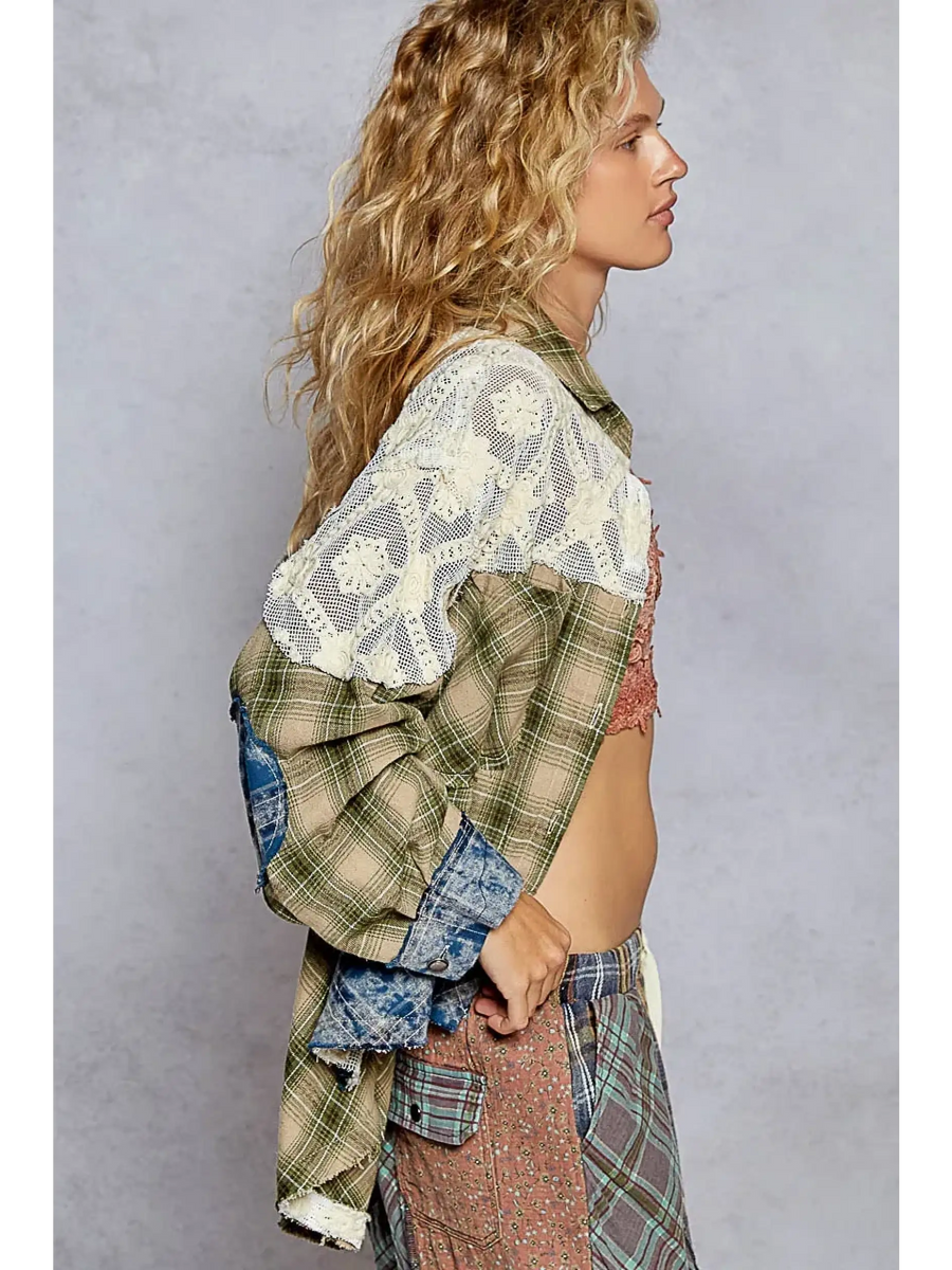Trendsi boho oversized button down blouse with mixed plaid and lace long sleeves on model