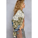 Trendsi boho oversized button down blouse with mixed plaid and lace long sleeves on model