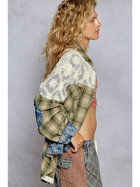 Trendsi boho oversized button down blouse with mixed plaid and lace long sleeves on model