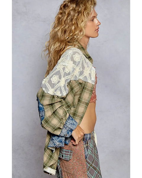 Trendsi boho oversized button down blouse with mixed plaid and lace long sleeves on model