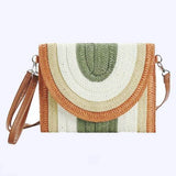 Artini Accessories Boho Straw clutch with green white and brown woven design and detachable strap